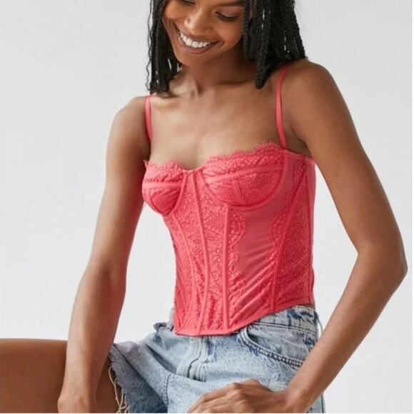 Urban Outfitters Out From Under Modern Love Pink Mesh Lace Corset Top - Picture 1 of 13